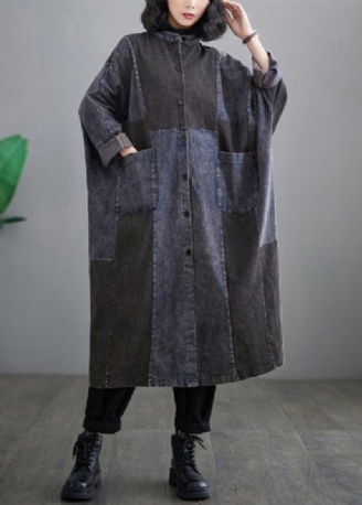 Retro Denim Blå Lommer Patchwork Knap Lange Trenchcoats Langærmede