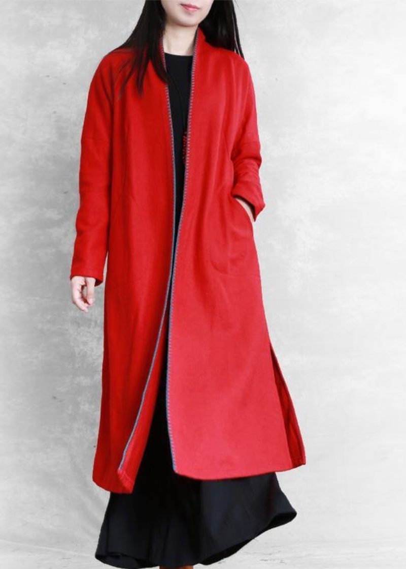 Rød Plus Size Tøj Trøjer Lommer Side Åbne Frakker - Dame trenchcoats