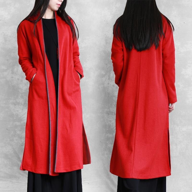 Rød Plus Size Tøj Trøjer Lommer Side Åbne Frakker - Dame trenchcoats