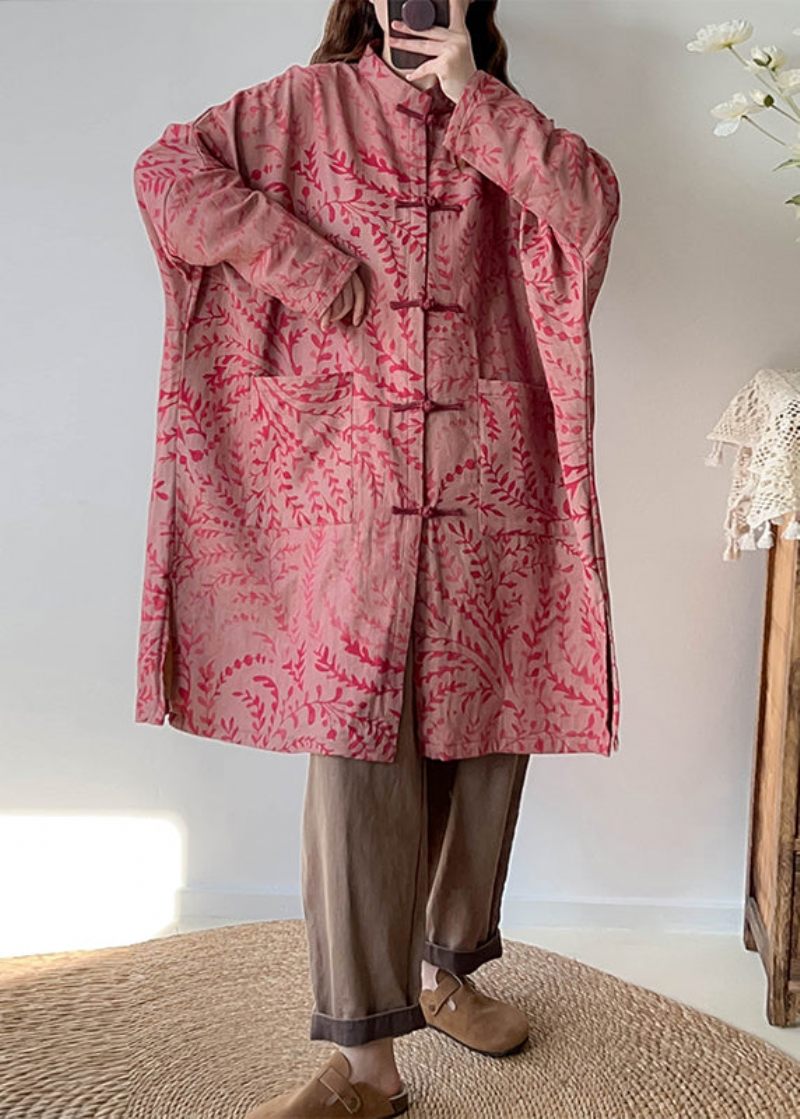 Rød Print Linen Trench Oversized Kinesisk Knap Fall