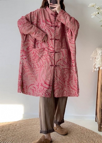 Rød Print Linen Trench Oversized Kinesisk Knap Fall