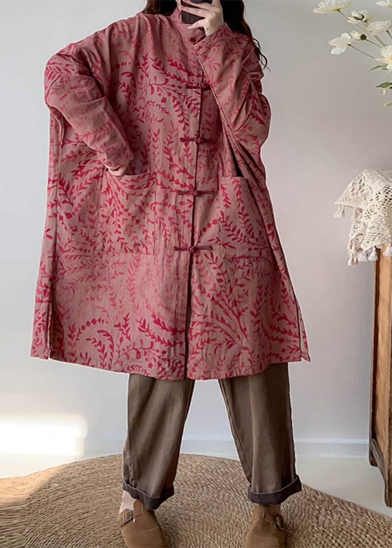 Rød Print Linen Trench Oversized Kinesisk Knap Fall - Dame trenchcoats