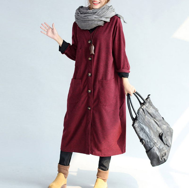 Røde Vinter-bomuldscardigans Plus Size Langærmede Uldne Vintage Trenchcoats - Dame trenchcoats