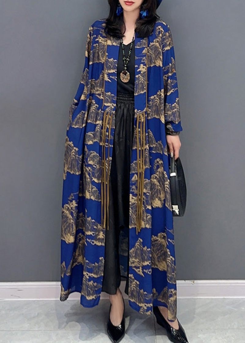 Sexet Blå Peter Pan Krave Print Slim Maxi Trench Coats Langærmet