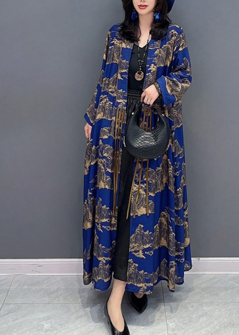 Sexet Blå Peter Pan Krave Print Slim Maxi Trench Coats Langærmet - Dame trenchcoats