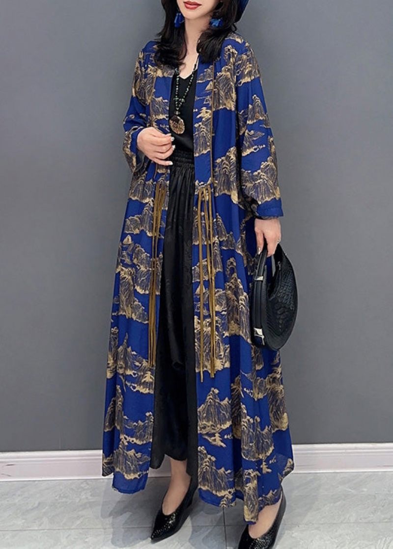 Sexet Blå Peter Pan Krave Print Slim Maxi Trench Coats Langærmet - Dame trenchcoats