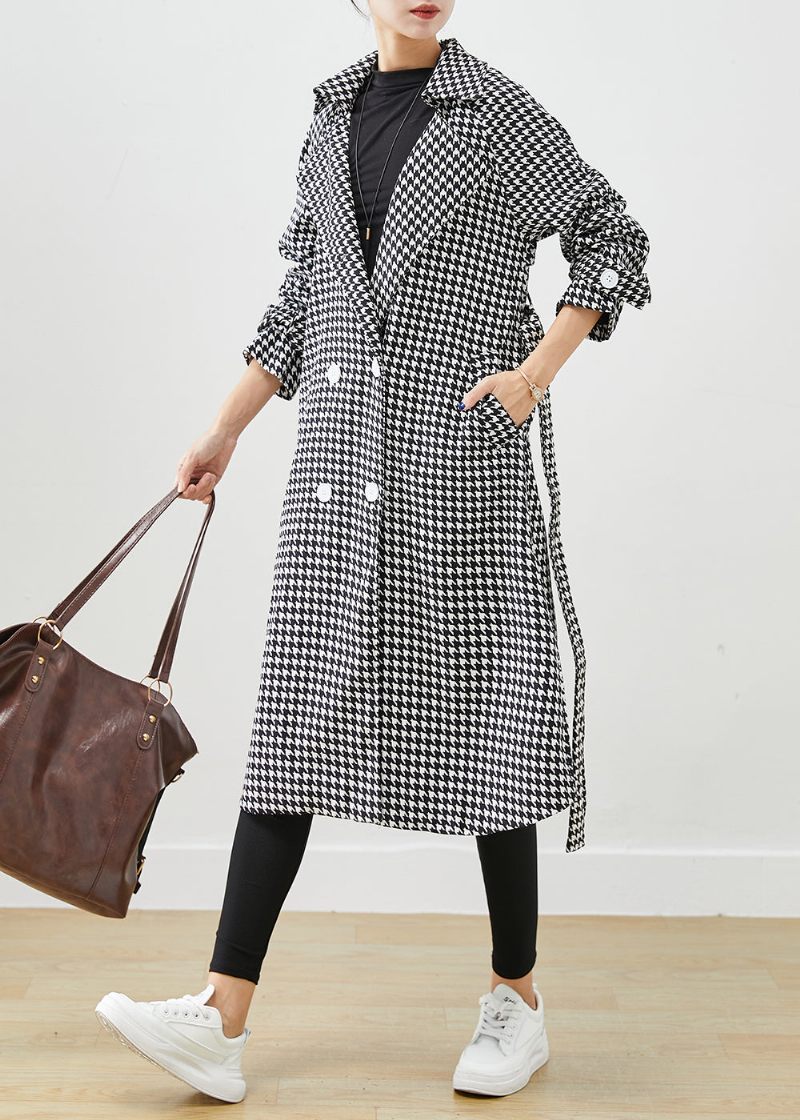 Silm Fit Sort Plaid Dobbeltbryst Bomuld Trench Fall - Dame trenchcoats