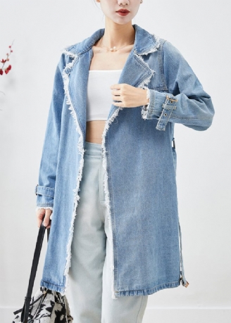 Simpel Lyseblå Revers Kvast Denim Trench Fall