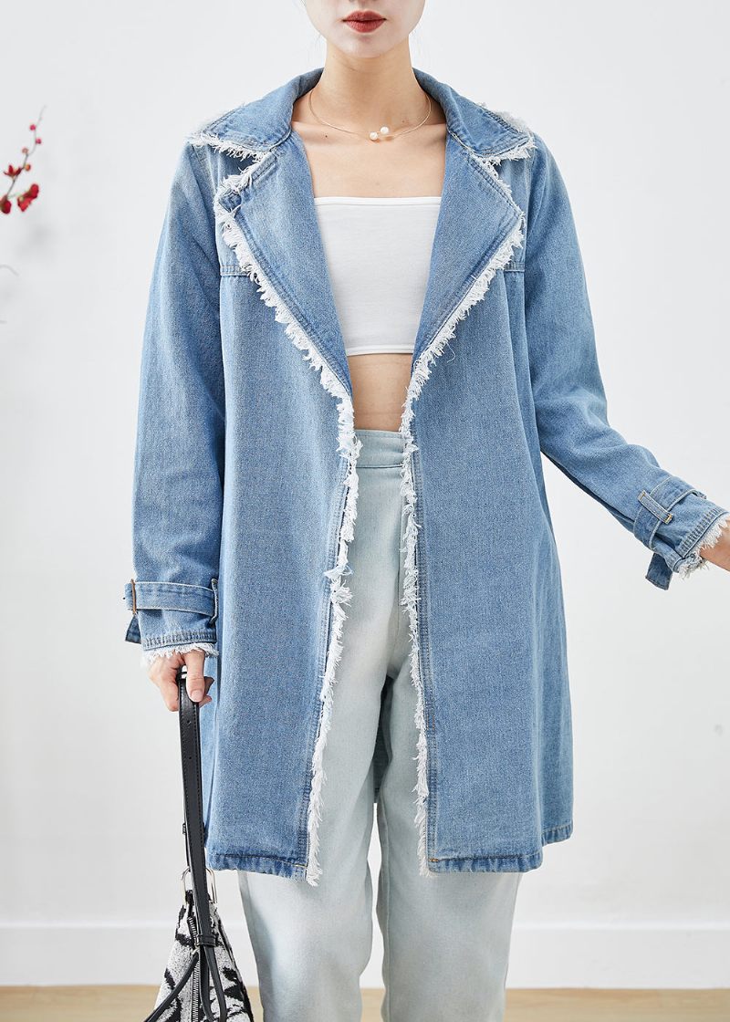 Simpel Lyseblå Revers Kvast Denim Trench Fall - Dame trenchcoats