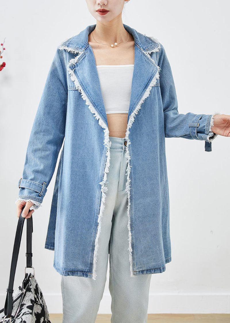 Simpel Lyseblå Revers Kvast Denim Trench Fall - Dame trenchcoats