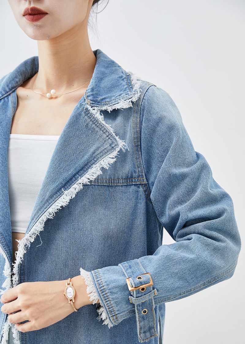 Simpel Lyseblå Revers Kvast Denim Trench Fall - Dame trenchcoats