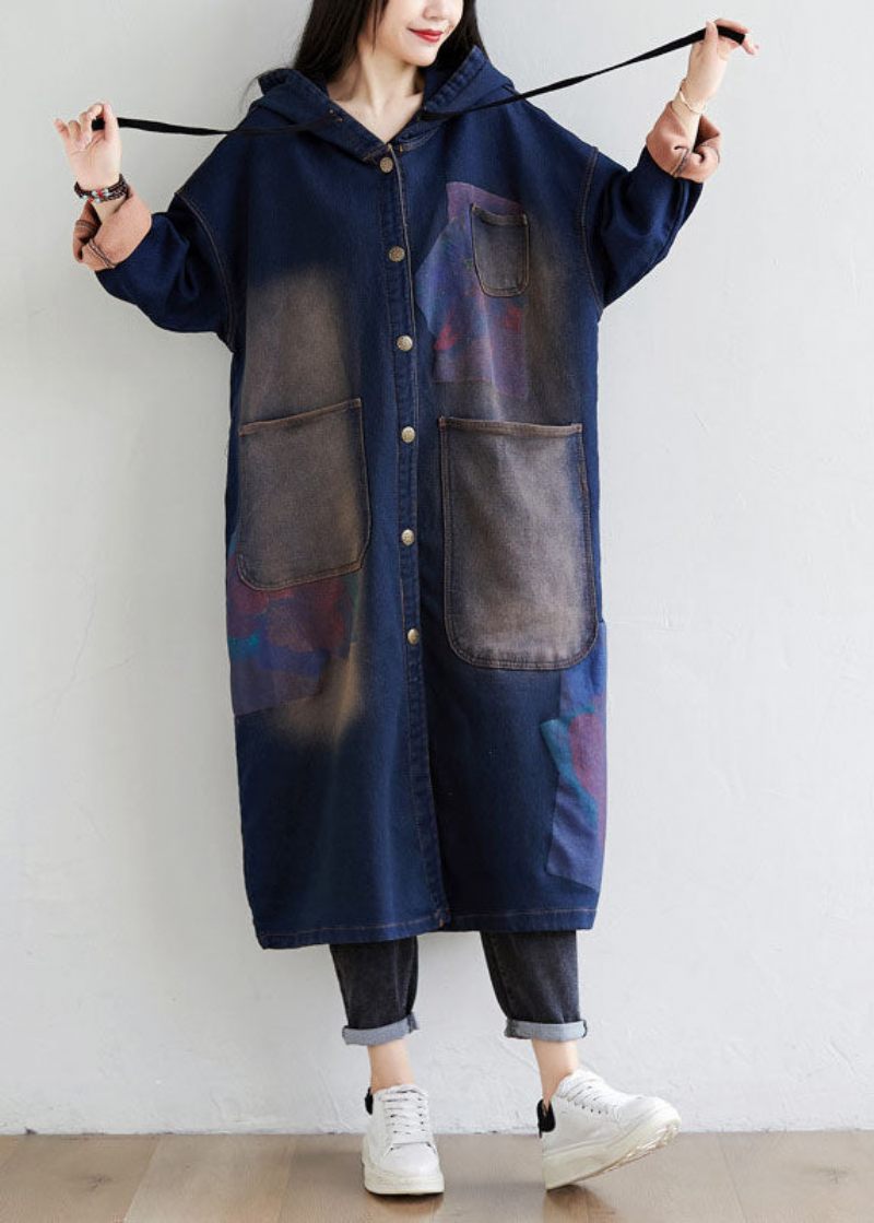 Simpel Mørkeblå Snøre Hættelommer Print Denim Trench Frakker Forår - Dame trenchcoats