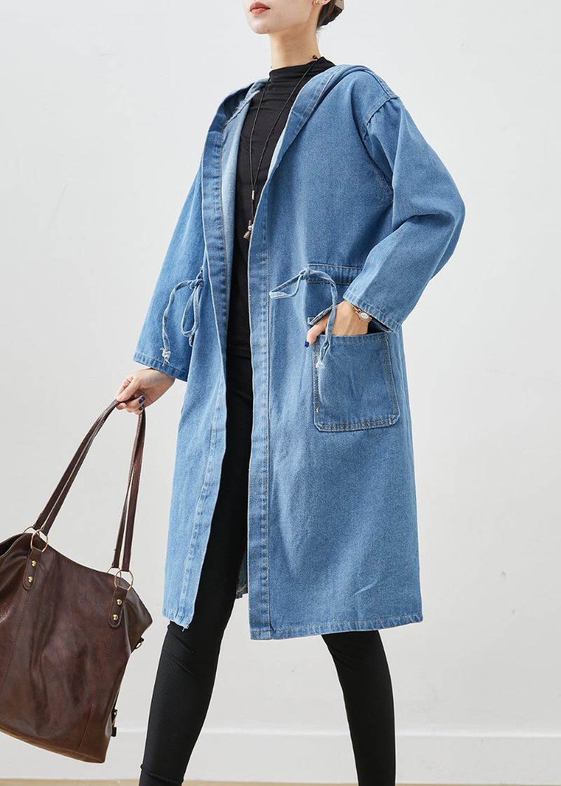 Simple Blå Cinched Hættelommer Denim Trench Fall