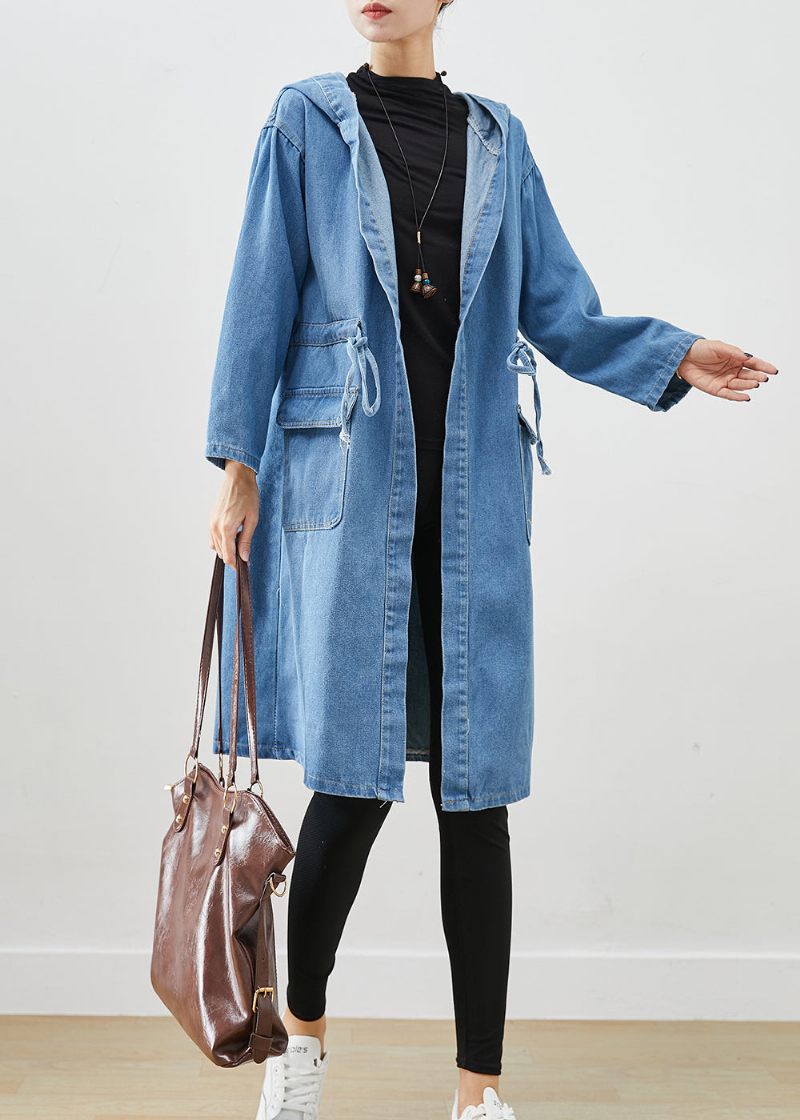 Simple Blå Cinched Hættelommer Denim Trench Fall - Dame trenchcoats