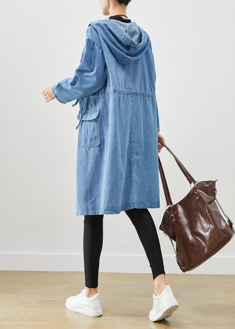 Simple Blå Cinched Hættelommer Denim Trench Fall - Dame trenchcoats