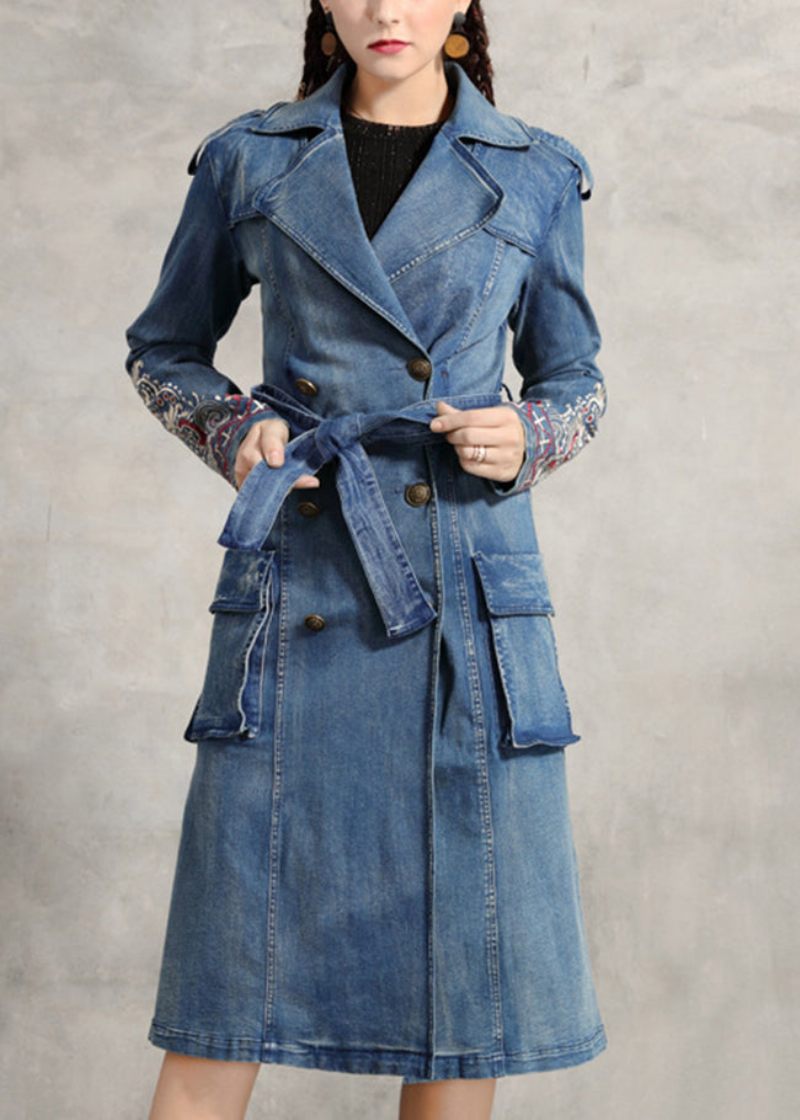 Simple Blå Peter Pan-kravelommer Broderede Dobbeltbrystet Sashes Bomuld Denim Trenchcoats Forår - Dame trenchcoats