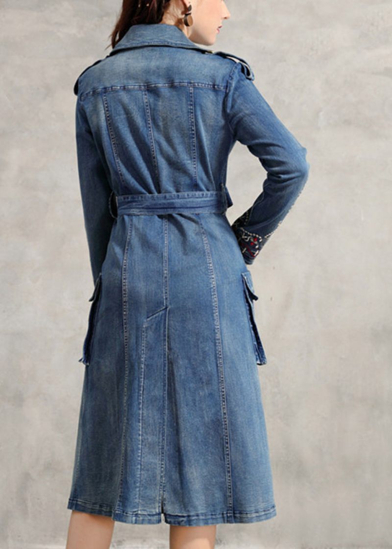 Simple Blå Peter Pan-kravelommer Broderede Dobbeltbrystet Sashes Bomuld Denim Trenchcoats Forår - Dame trenchcoats