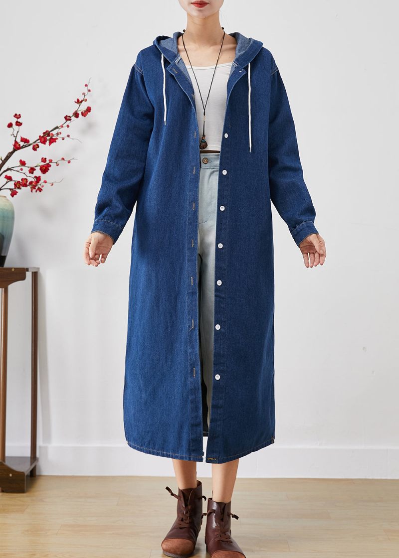 Simple Blue Hooded Button Down Denim Trench Coats Fall - Dame trenchcoats