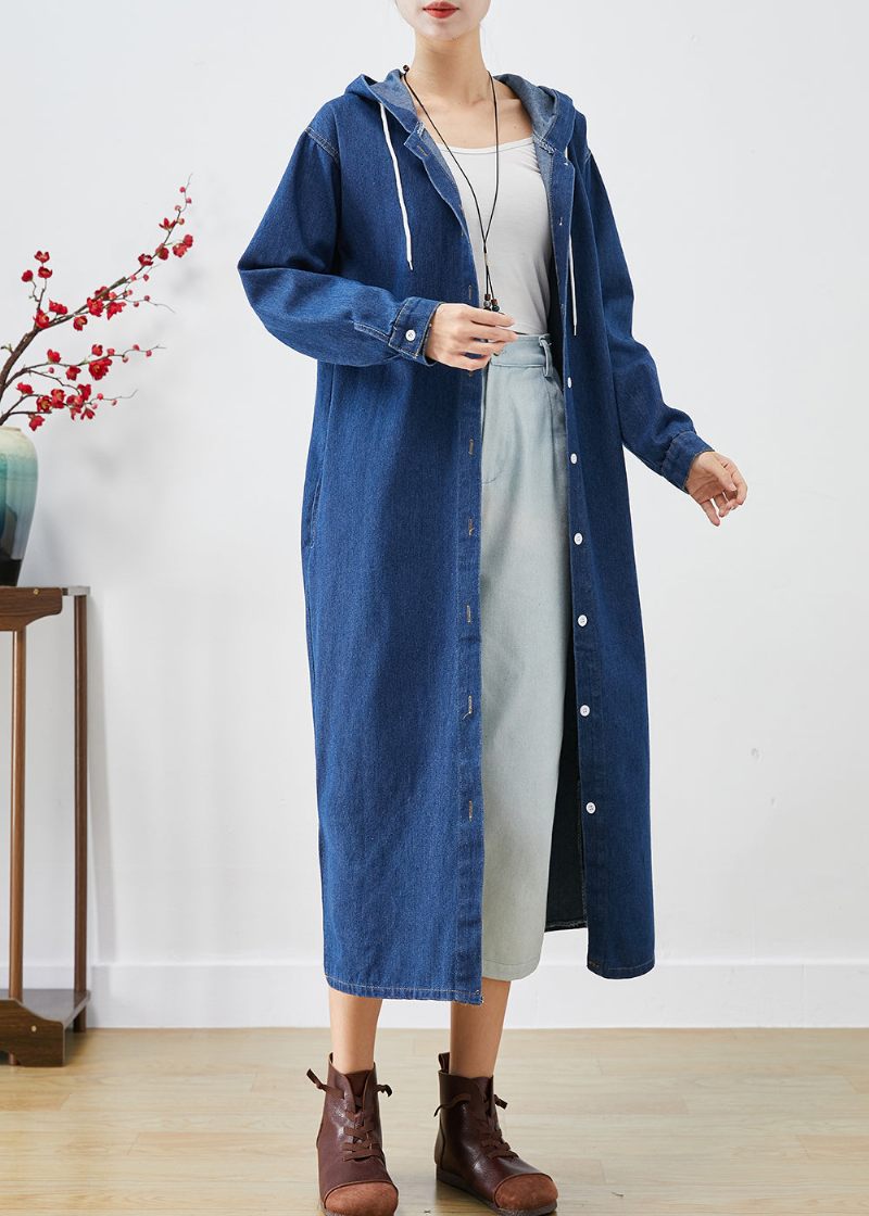 Simple Blue Hooded Button Down Denim Trench Coats Fall - Dame trenchcoats