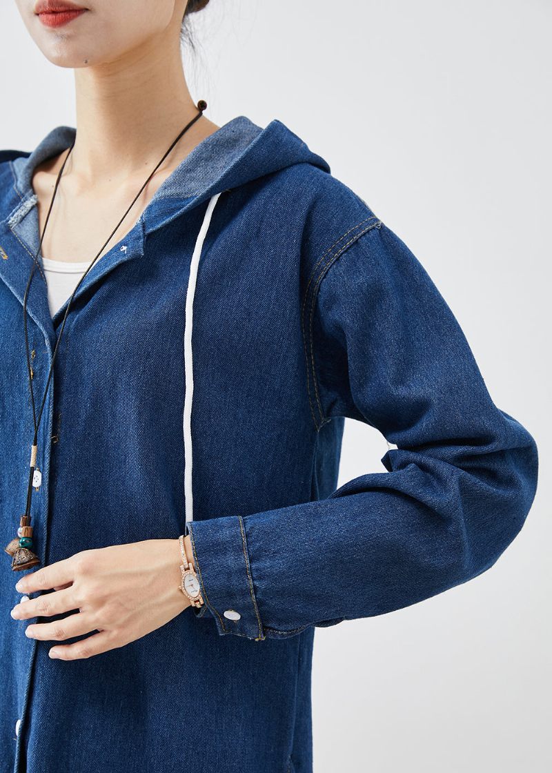 Simple Blue Hooded Button Down Denim Trench Coats Fall - Dame trenchcoats