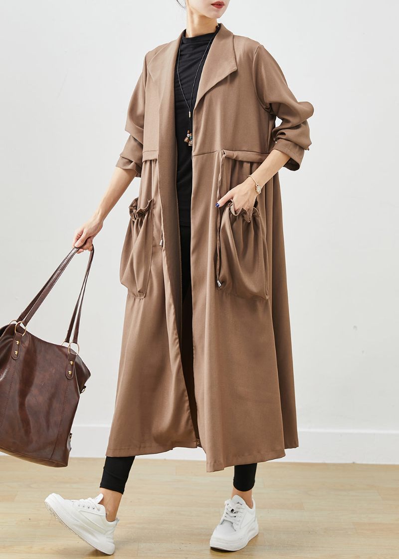 Simple Coffee Cinched Flæsede Lommer Bomuld Coat Fall