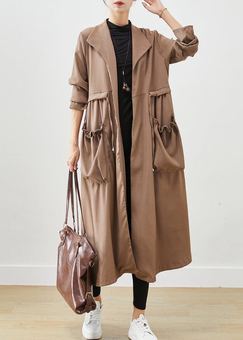 Simple Coffee Cinched Flæsede Lommer Bomuld Coat Fall - Dame trenchcoats