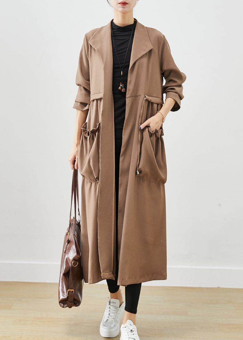 Simple Coffee Cinched Flæsede Lommer Bomuld Coat Fall - Dame trenchcoats