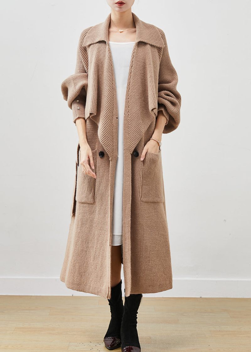 Simple Khaki Notched Oversized Lommer Strik Trench Spring