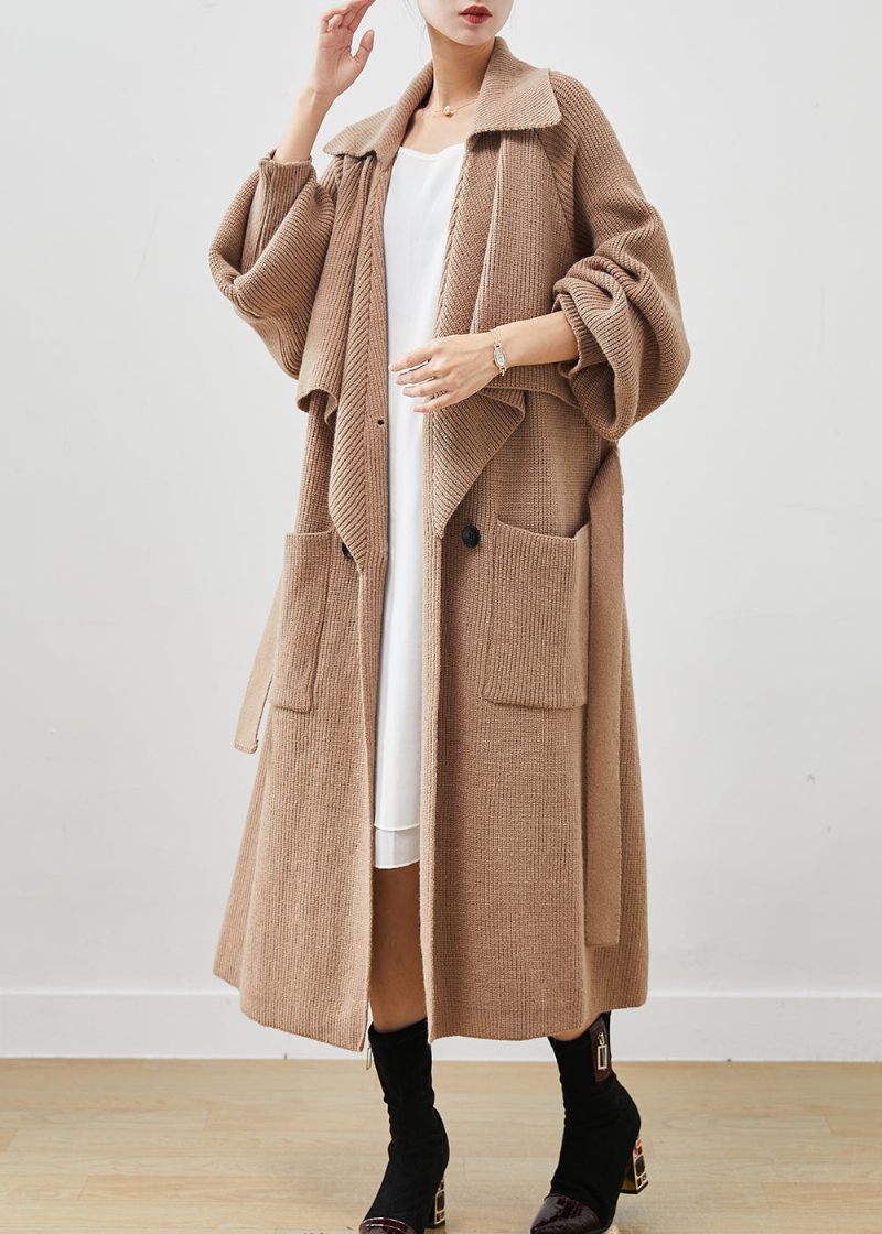 Simple Khaki Notched Oversized Lommer Strik Trench Spring - Dame trenchcoats