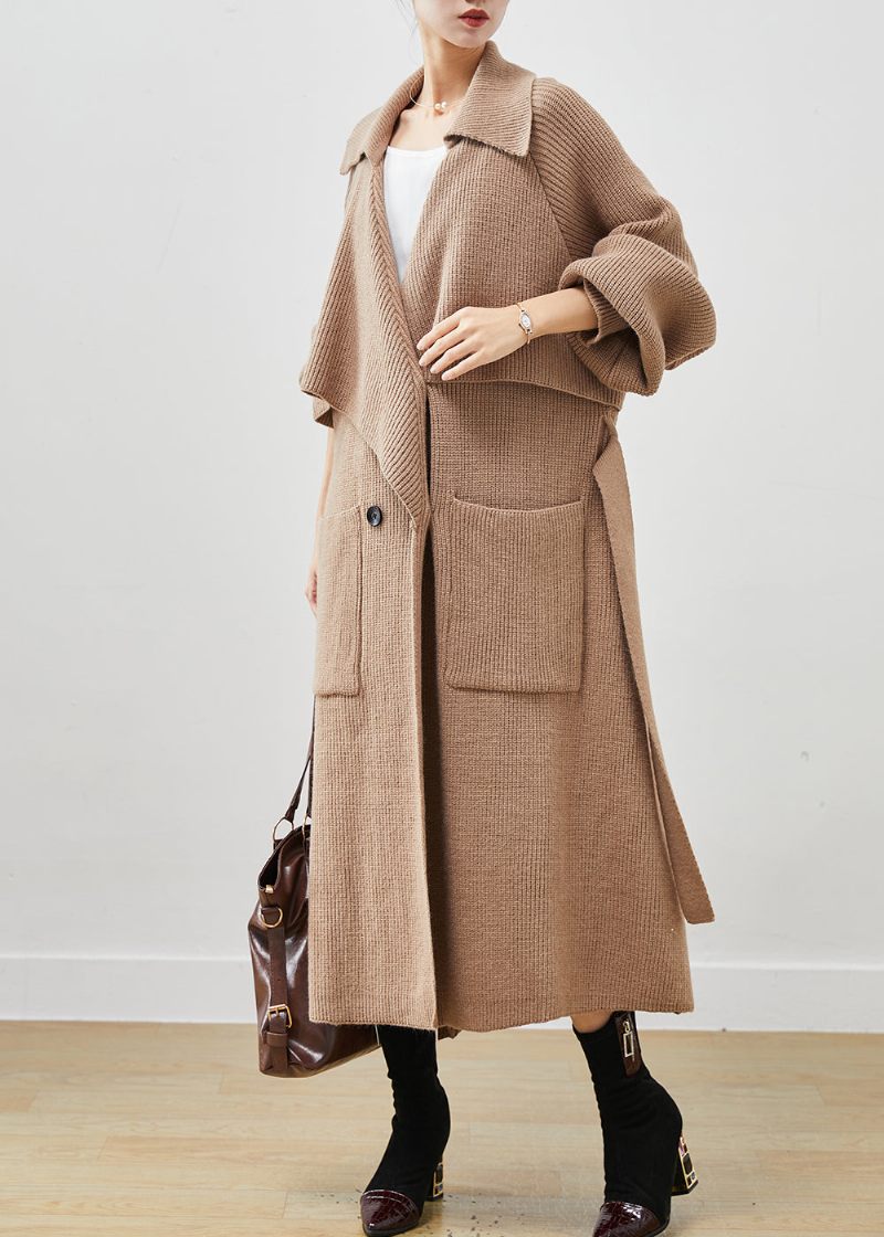 Simple Khaki Notched Oversized Lommer Strik Trench Spring - Dame trenchcoats