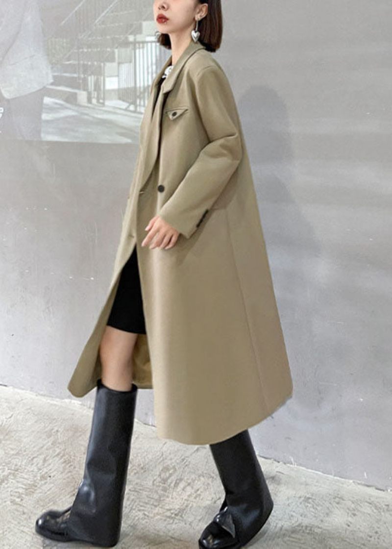 Simple Khaki Peterpan Krave Lommer Knap Fall Langærmet Frakke - Dame trenchcoats