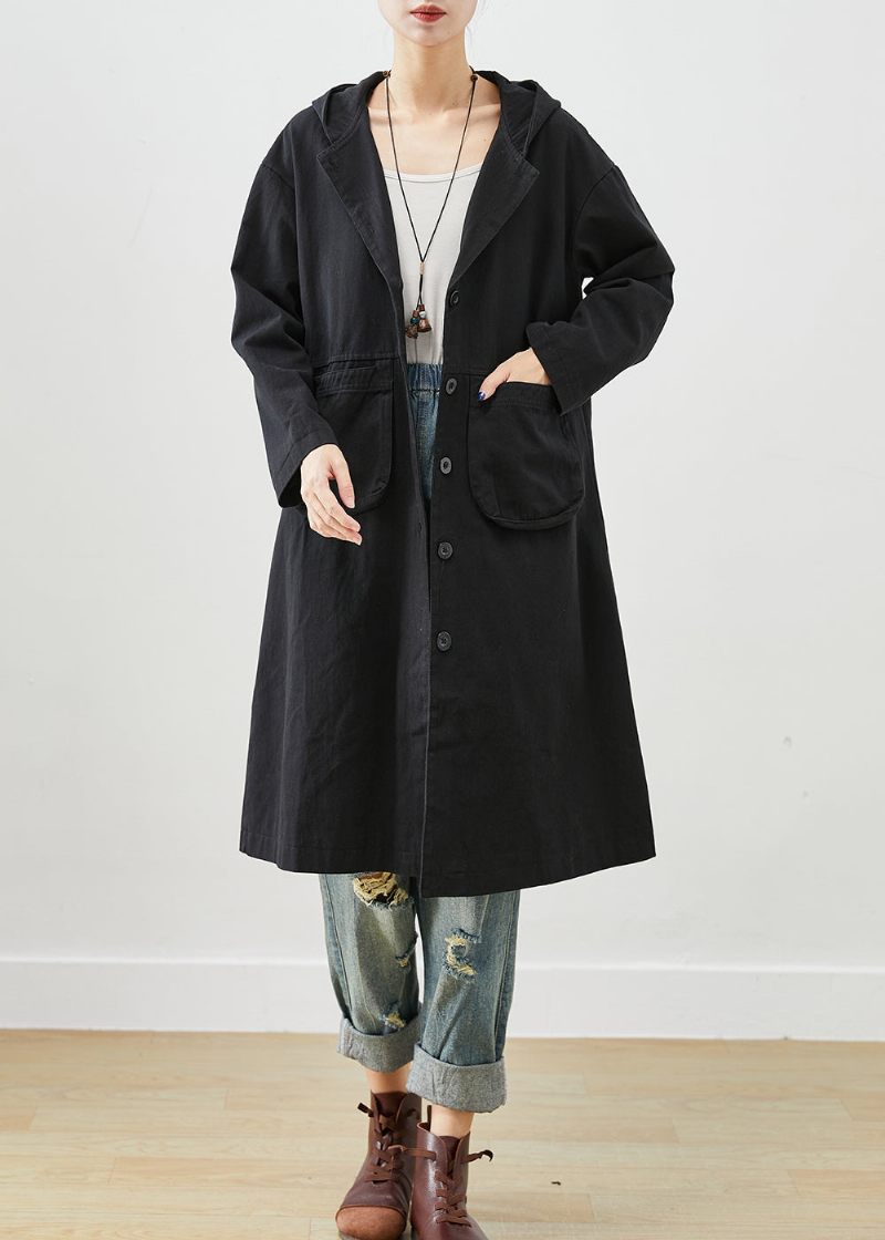 Simple Sorte Hættelommer Bomuld Trench Fall - Dame trenchcoats