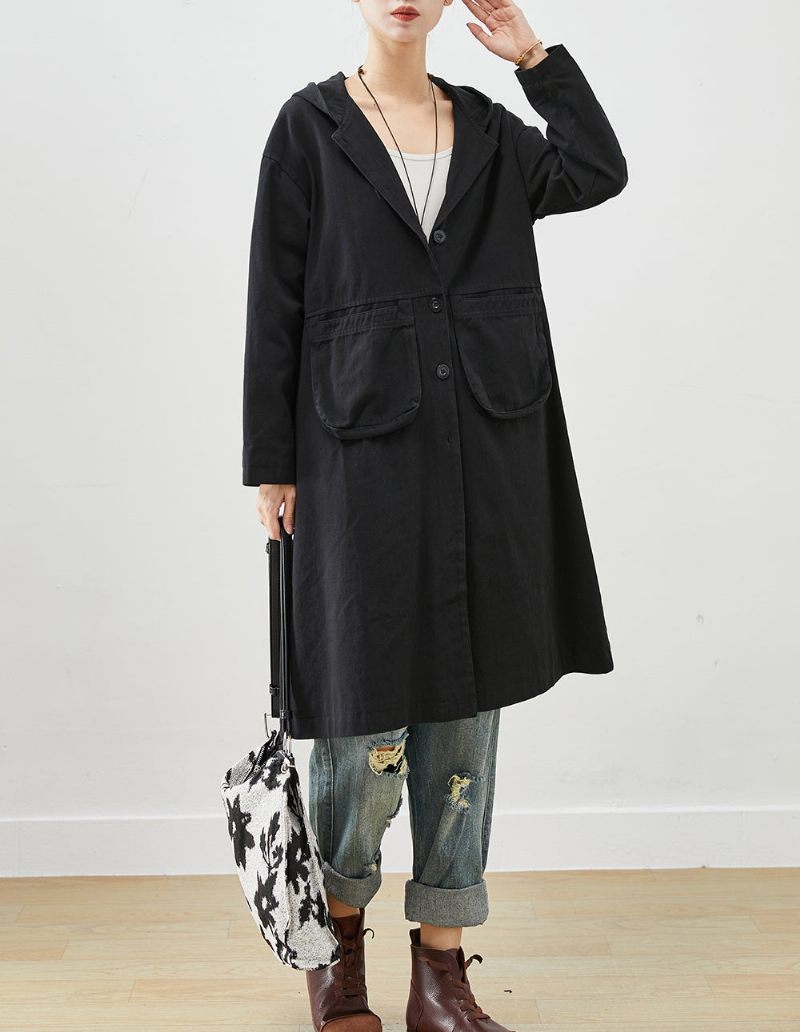 Simple Sorte Hættelommer Bomuld Trench Fall - Dame trenchcoats