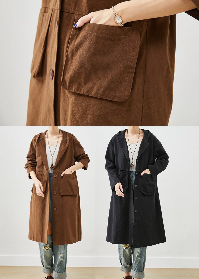 Simple Sorte Hættelommer Bomuld Trench Fall - Dame trenchcoats