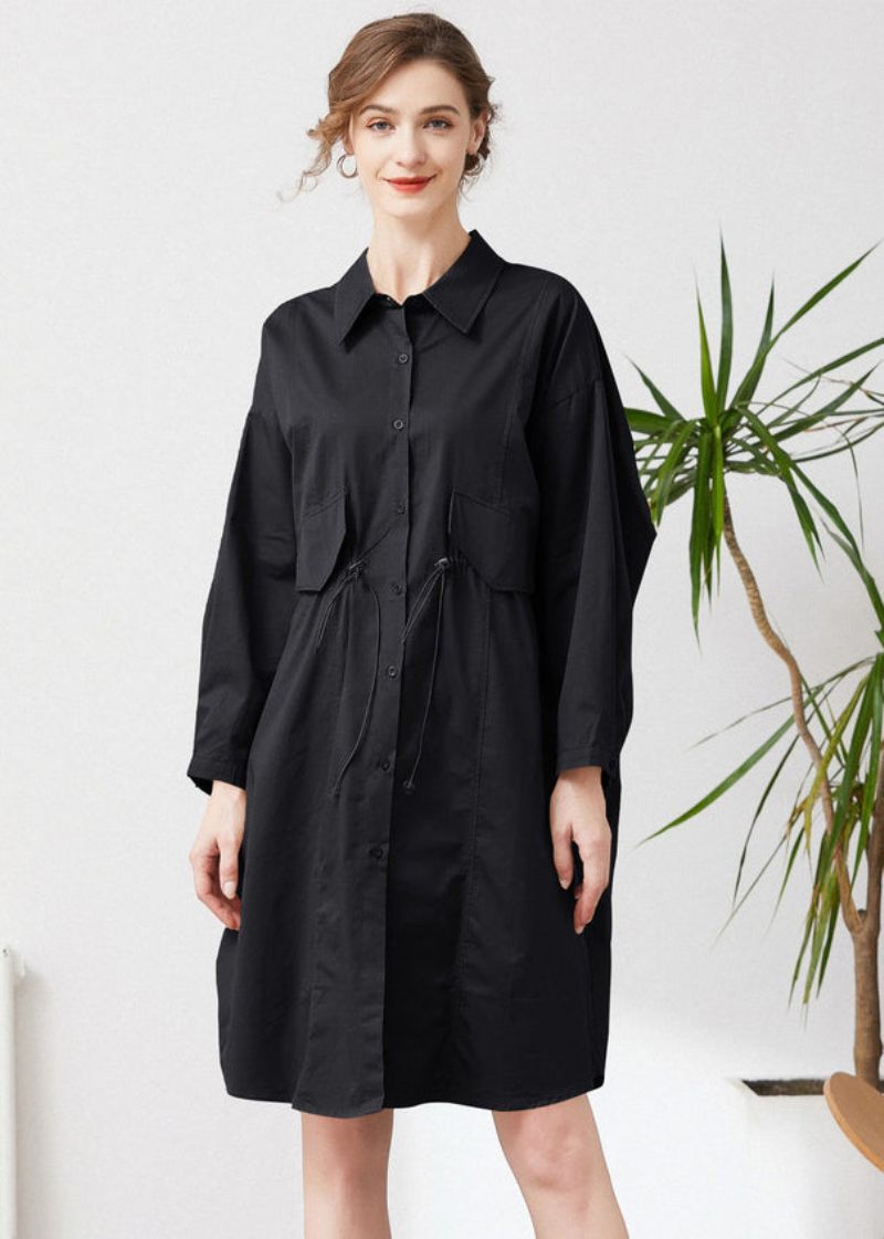 Simple Sorte Overdimensionerede Snørelommer Bomuld Trench Spring - Dame trenchcoats