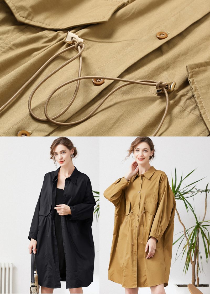 Simple Sorte Overdimensionerede Snørelommer Bomuld Trench Spring - Dame trenchcoats