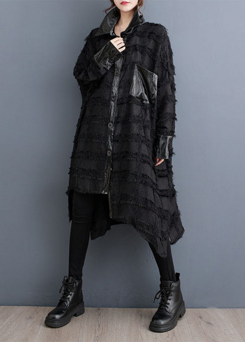 Smukke Sorte Asymmetriske Lommer Patchwork-knap Trench Coats Efterår - Dame trenchcoats