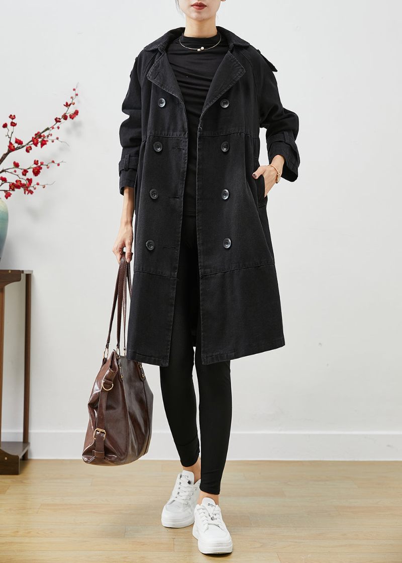 Sort Loose Denim Coat Outwear Peter Pan Krave Dobbelt Bryst Fall - Dame trenchcoats