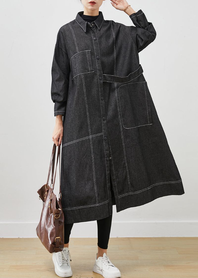 Sort Løs Denim Trench Coat Oversized Lommer Forår