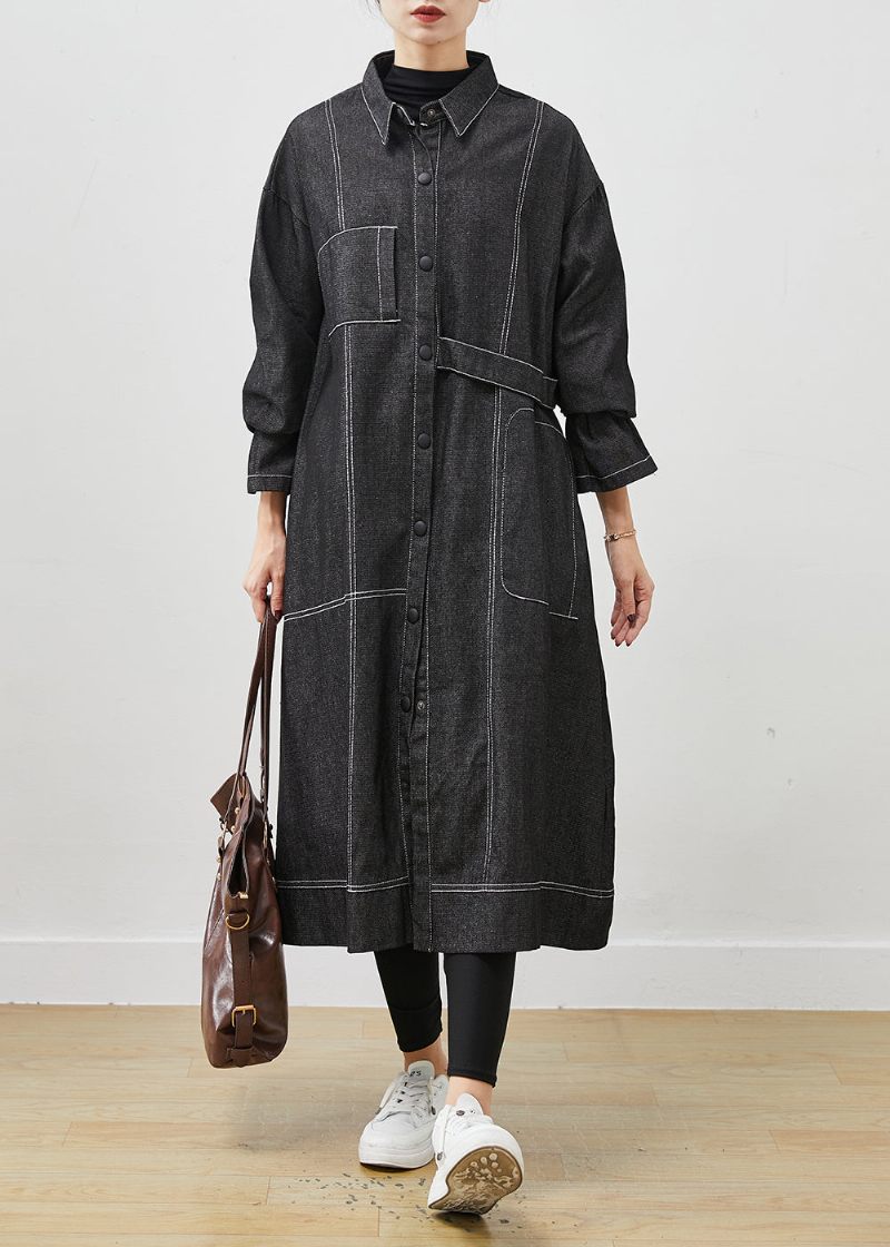 Sort Løs Denim Trench Coat Oversized Lommer Forår - Dame trenchcoats