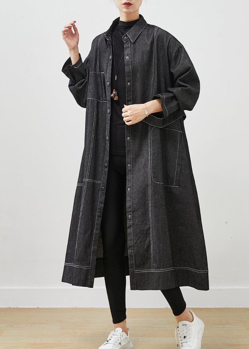 Sort Løs Denim Trench Coat Oversized Lommer Forår - Dame trenchcoats