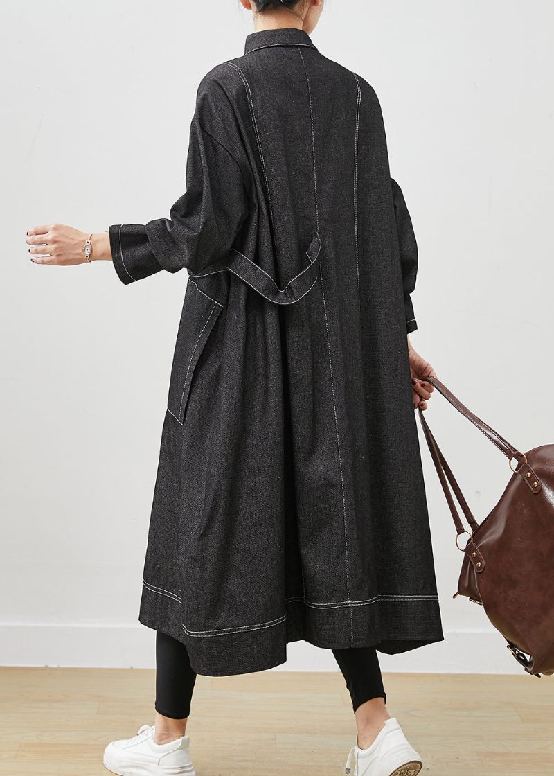 Sort Løs Denim Trench Coat Oversized Lommer Forår - Dame trenchcoats