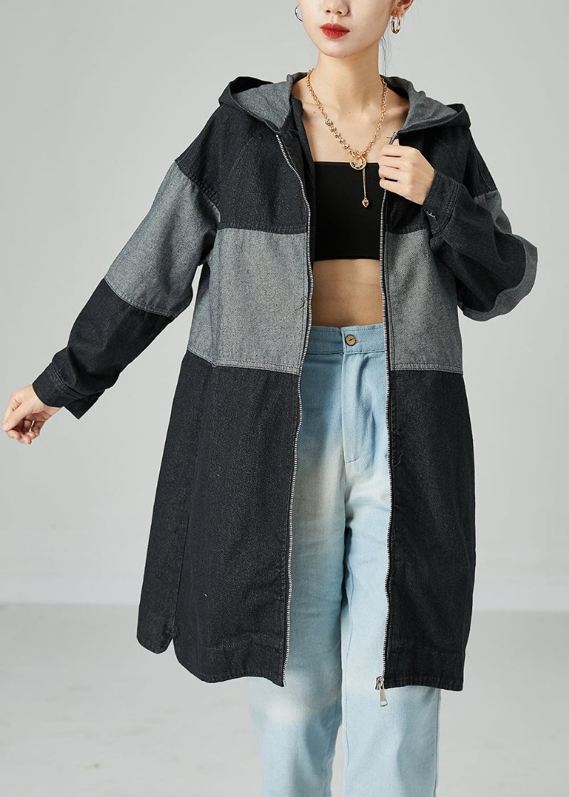 Sort Patchwork Bomuld Denim Trench Coat Hætte Oversized Spring