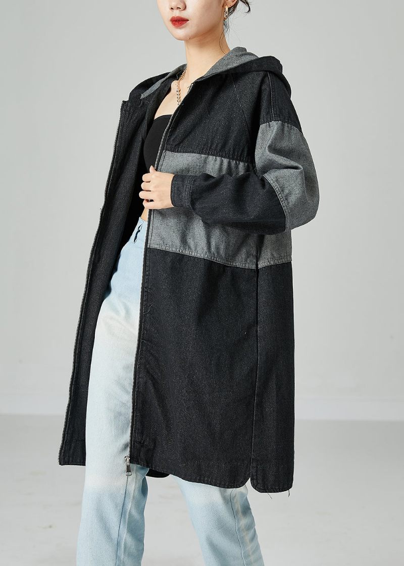 Sort Patchwork Bomuld Denim Trench Coat Hætte Oversized Spring - Dame trenchcoats