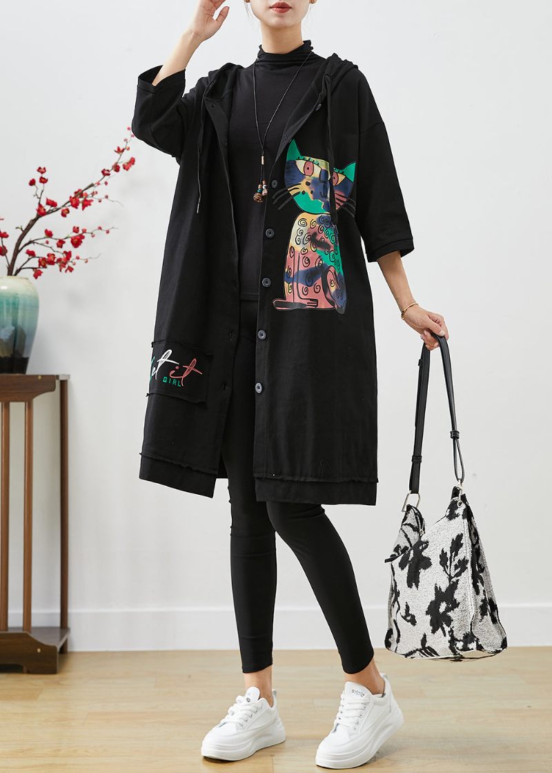 Sort Patchwork Bomuld Trench Oversized Cat Print Efterår