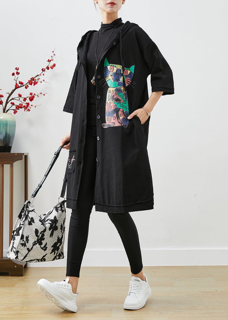 Sort Patchwork Bomuld Trench Oversized Cat Print Efterår - Dame trenchcoats