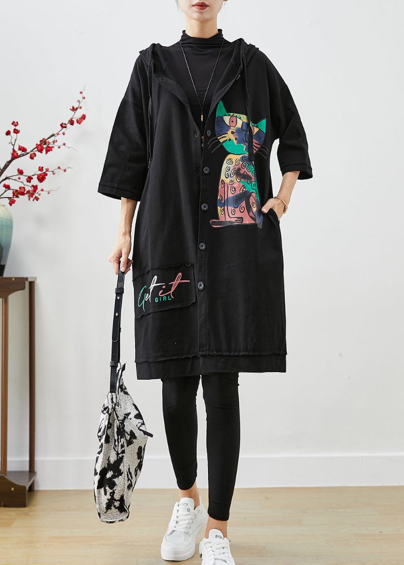 Sort Patchwork Bomuld Trench Oversized Cat Print Efterår - Dame trenchcoats