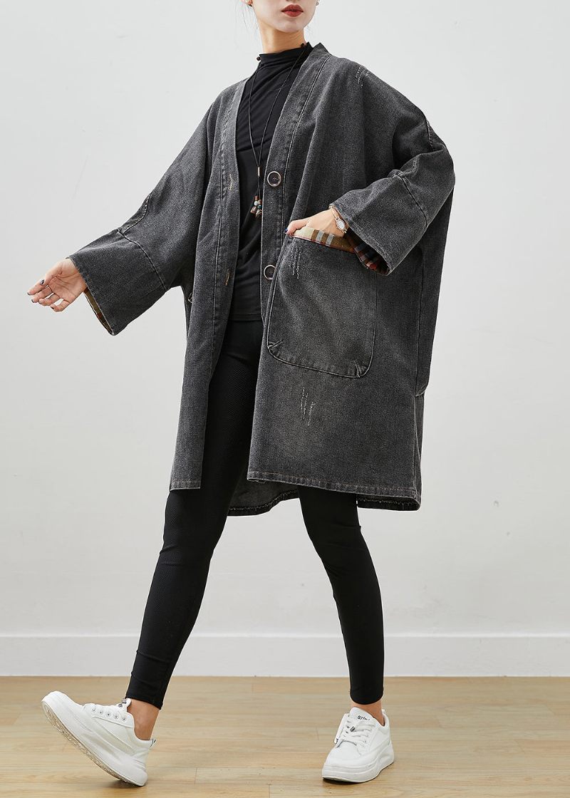 Sort Patchwork Denim Trench Coat Outwear Oversized Fall