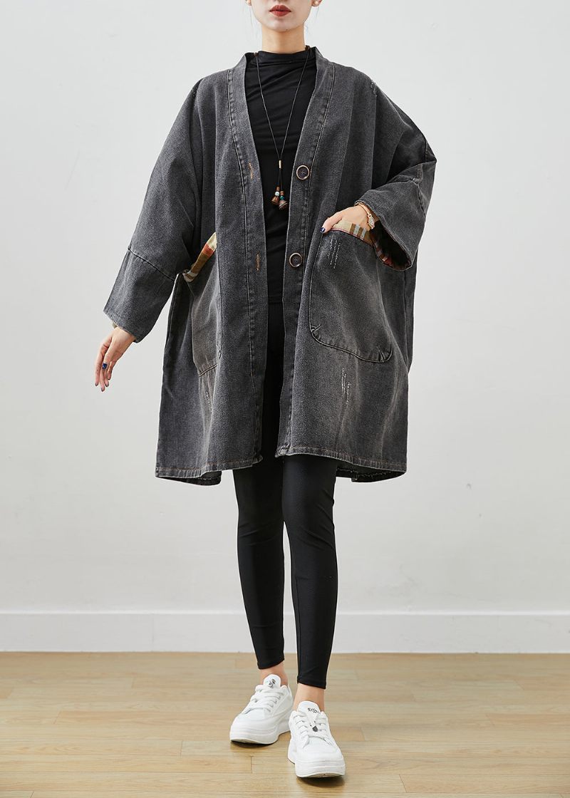 Sort Patchwork Denim Trench Coat Outwear Oversized Fall - Dame trenchcoats