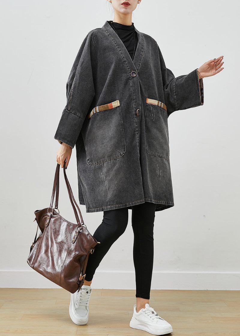 Sort Patchwork Denim Trench Coat Outwear Oversized Fall - Dame trenchcoats